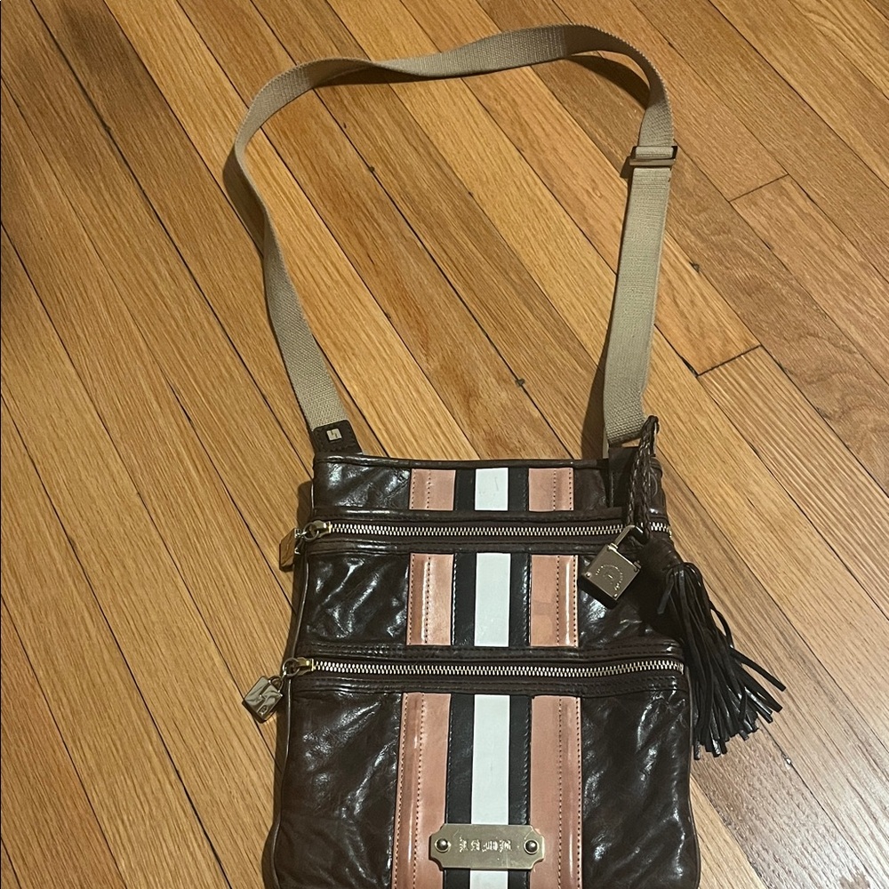 L.A.M.B. Brown Crossbody Bag with Pink and White Stripe Accent